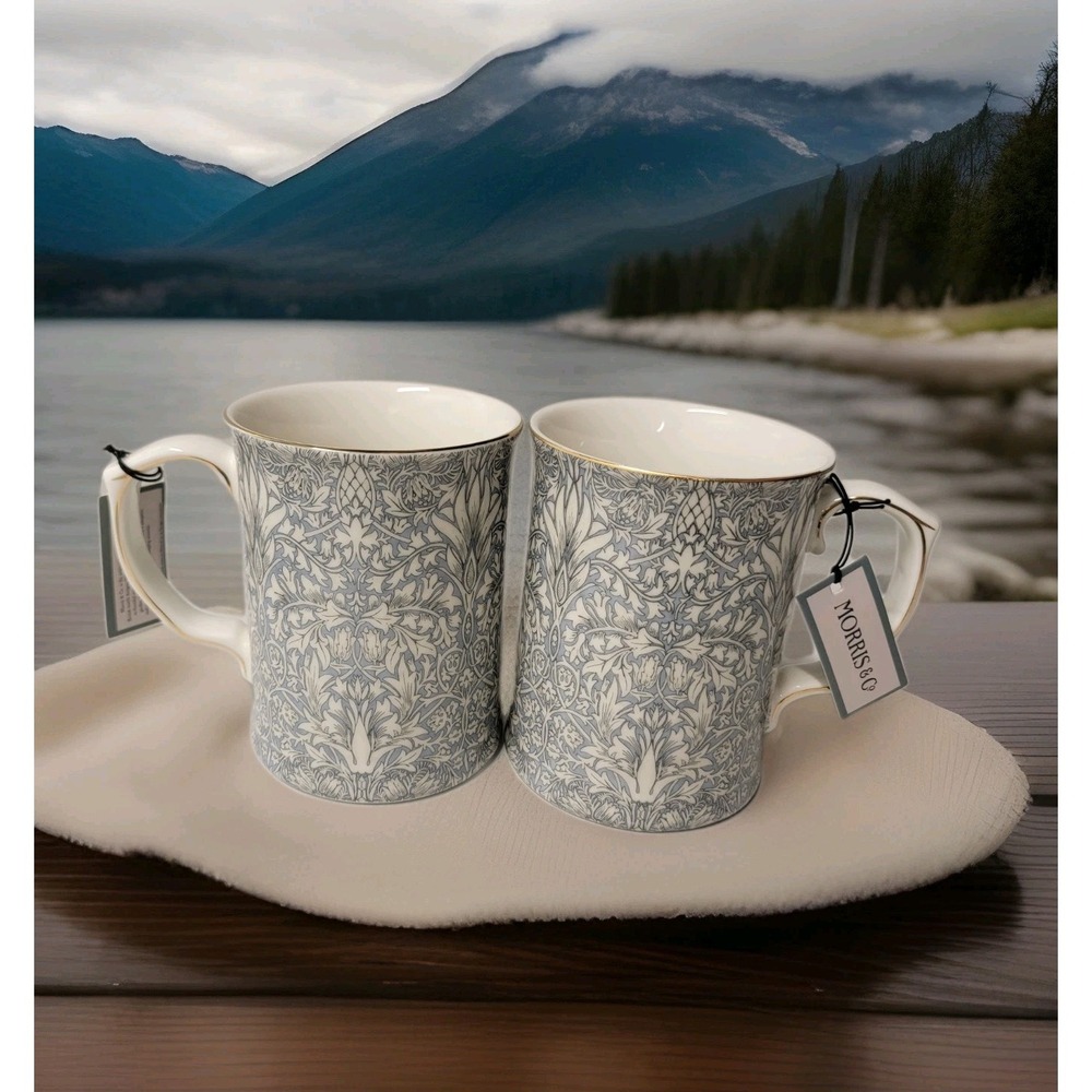 NEW Morris & Co. Fine China Ceramic  2 Set Mugs GRAY Florals‎ Pattern GOLD Rim